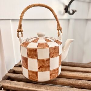 Stoneware Teapot Checked Pattern Bamboo Handle Hazel Mazel New 7” X 5” Height